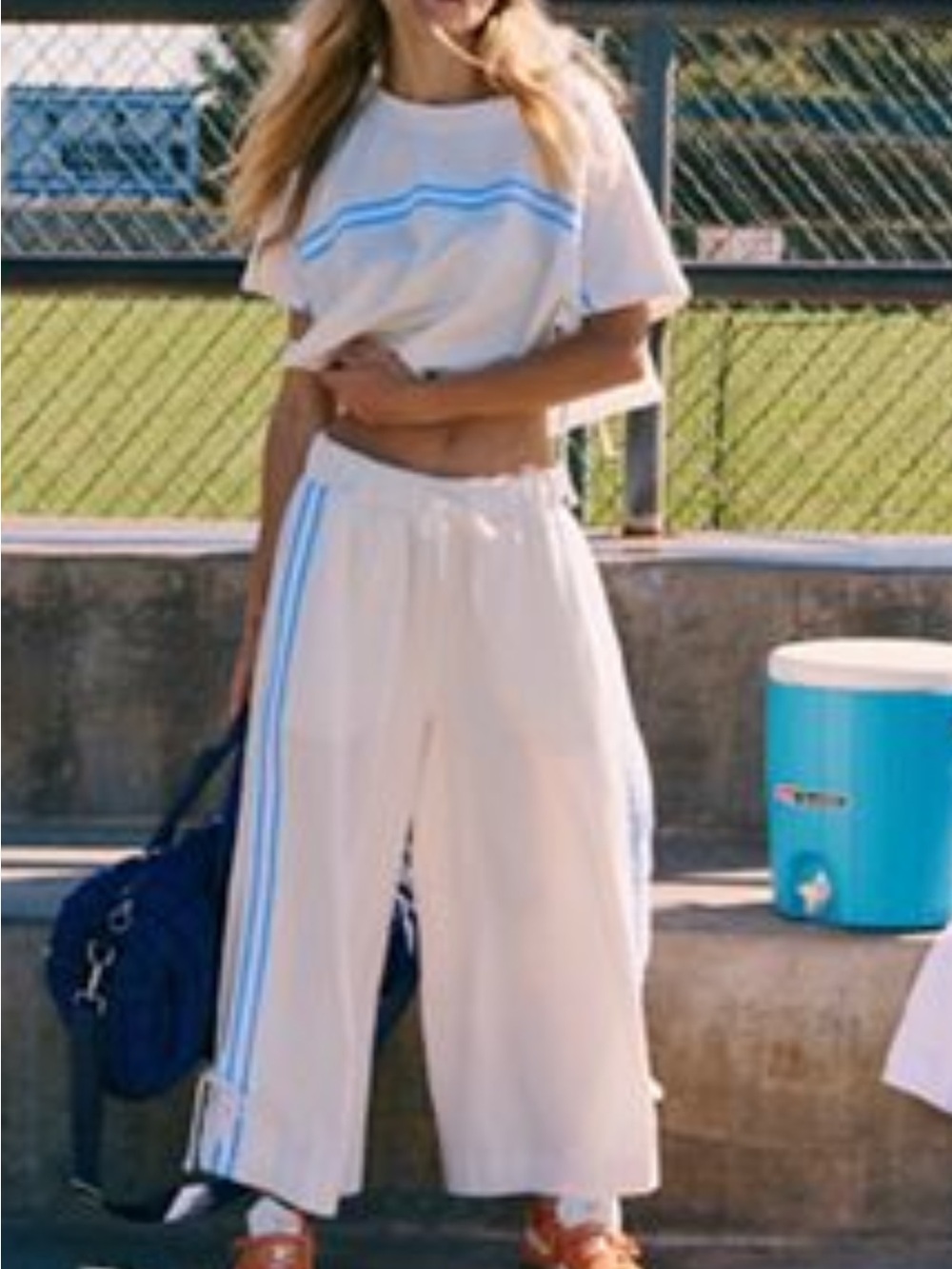 Free People Cream Wide-Leg Track Pants with Light Blue Stripes